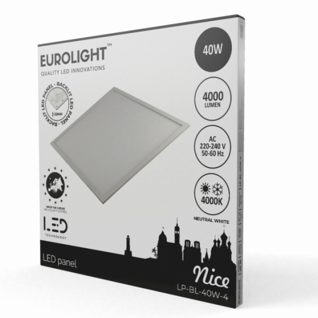 LED panelis / gaismeklis NICE, 40W, 595x595x32mm, 4000lm, 4000K, Backlit, Eurolight