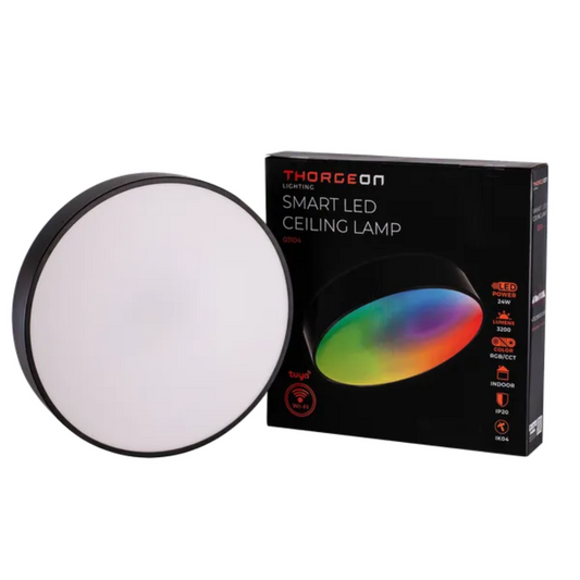 LED griestu lampa, melna, 24W, 3200Lm, 2700-6500K + RGB, IP20, RA80, ar vadības iespēju no telefona - Tuya, THORGEON
