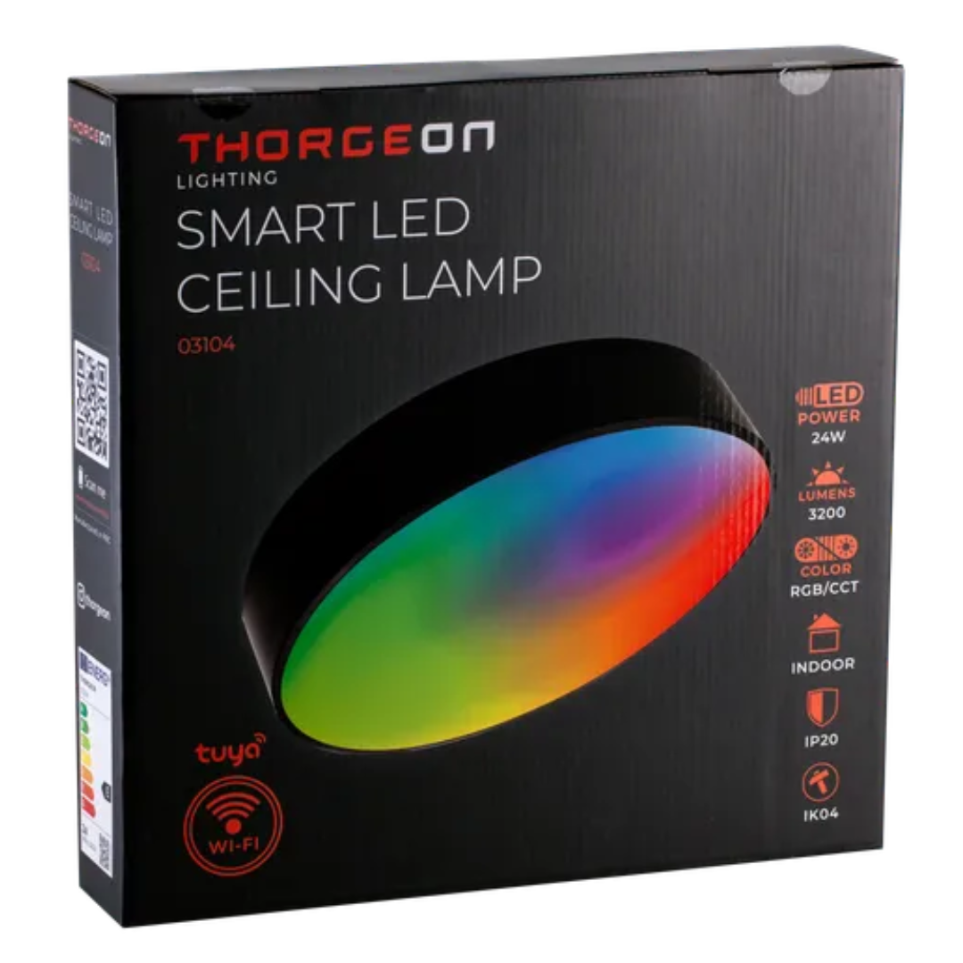 LED griestu lampa, melna, 24W, 3200Lm, 2700-6500K + RGB, IP20, RA80, ar vadības iespēju no telefona - Tuya, THORGEON