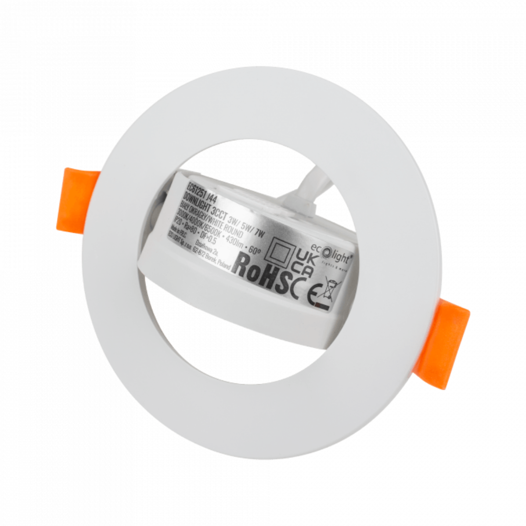 Gaismeklis LED, iebūvējams, Downlight, balts, ar maināmu jaudu - 3W/5W/7W un spektru - 3000K/4000K/6500K (CCT), ECOLIGHT