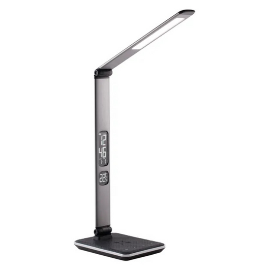 Galda lampa LED, 18W, ar bezvada ladētāju (Wireless charge), var regulēt spožumu (Dimmable), ar pulksteni un telpas termometru, THORGEON