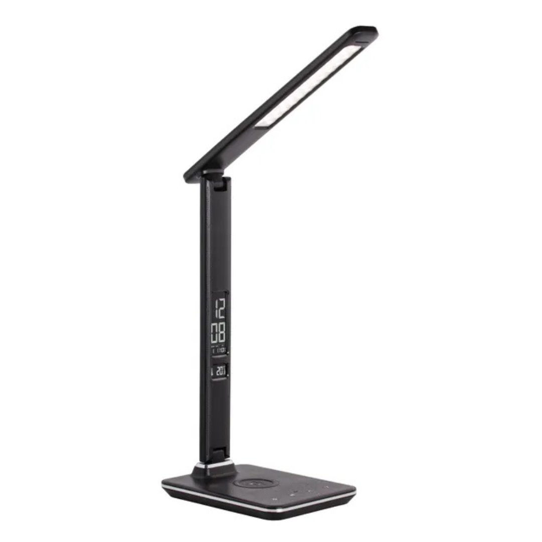 Galda lampa LED, 9W, ar bezvada ladētāju (Wireless charge), var regulēt spožumu (Dimmable) un spektru 2800K-6000K, ar pulksteni un telpas termometru, THORGEON