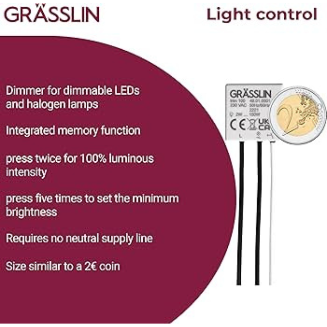 Dimmeris / Universāls reostata slēdzis R, C, LED, LED regulēšana no 2 līdz 150W, trim 100, vadība notiek ar tasterslēdzi, der visiem slēdžu ražotājiem, GRASSLIN
