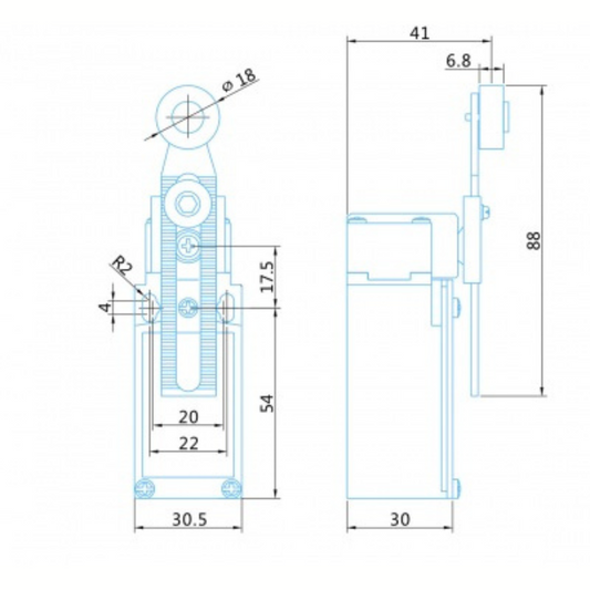 Gala slēdzis 1NO/1NC metāliskajā korpusā, IP65, ar garu regulējamo metāla rullīti, LSM108A, VEXEN
