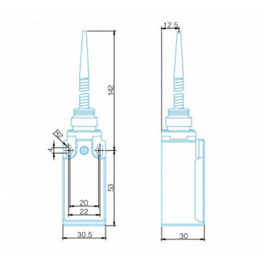 Gala slēdzis 1NO/1NC plastmasas korpusā, IP65, ar atsperes stieņa sviru un plastmasas uzgali, LSP107A, VEXEN