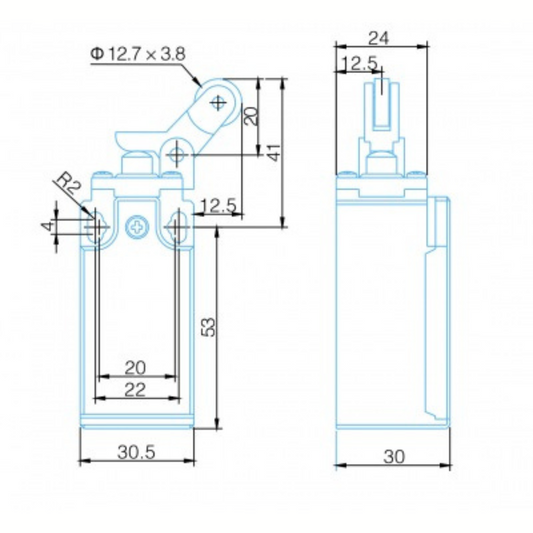 Gala slēdzis 1NO/1NC plastmasas korpusā, IP65, ar garo virzuli un metāla rullīti, LSP105A, VEXEN