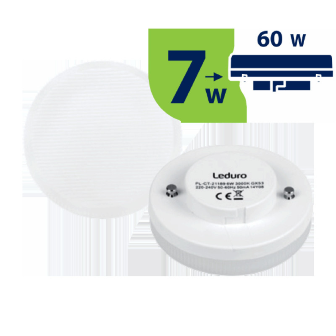 LED spuldze 7W, GX53, 4000K, 600lm, 220-240V, (D75 mm / H 28mm), LEDURO