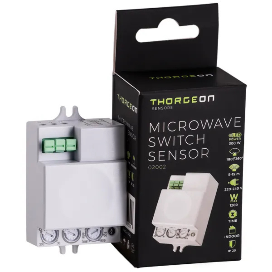 Iebūvējamais HF mikroviļņu sensors ar 360° uztveršanas leņķi, Uztveršanas attāIums 5-15m, Pieslēguma jauda 1200W, IP20, 02002, THORGEON