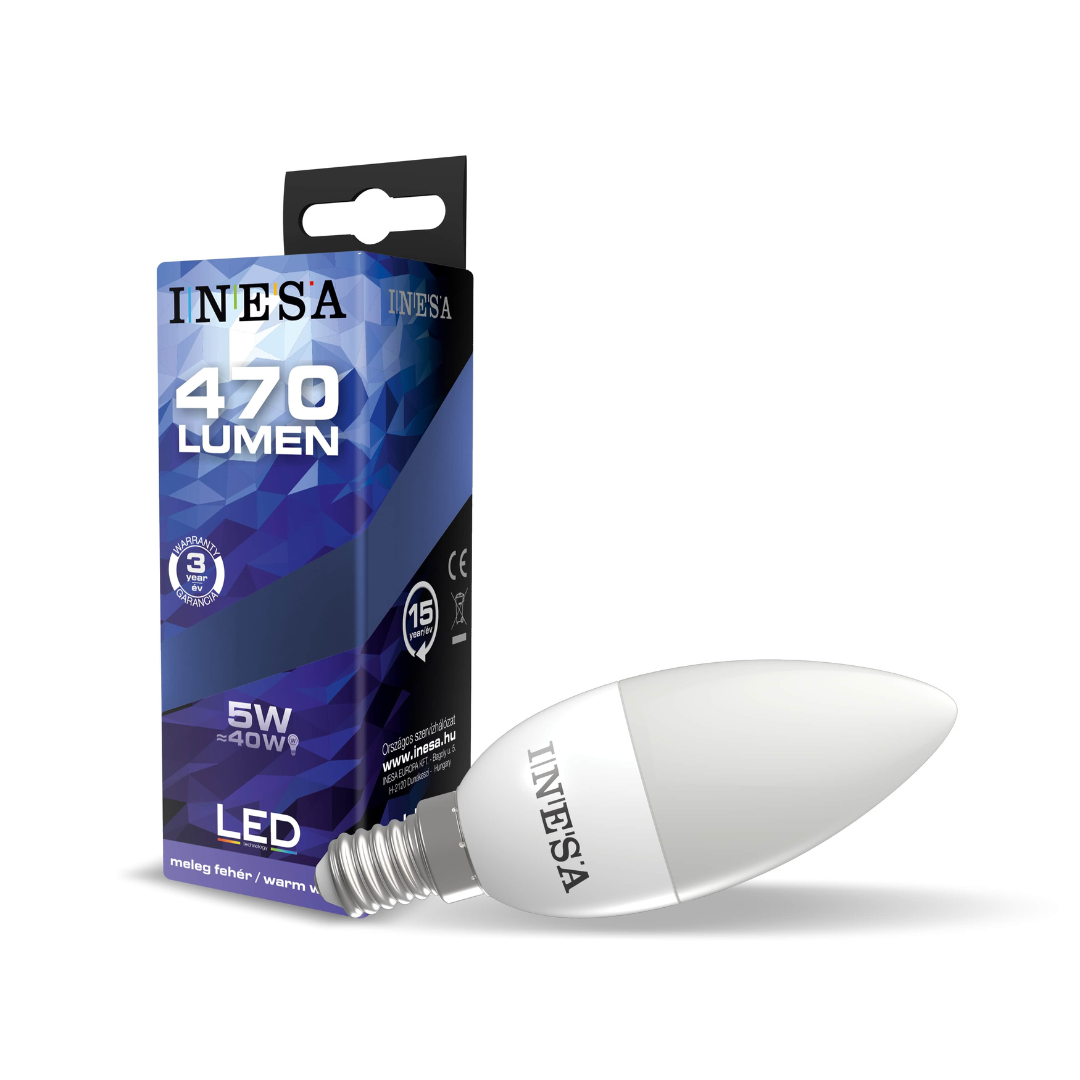 LED spuldze 5W, E14, 3000K, 470lm, C35, INESA
