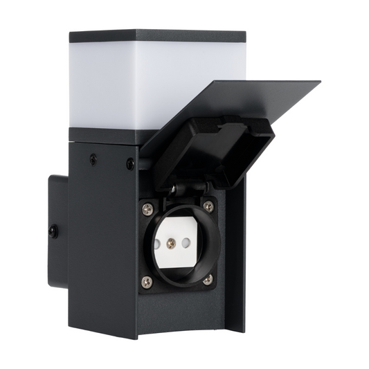 Āra dārza gaismeklis ar rozeti, stiprināms pie sienas vai žoga, spuldzes cokols G9, LED līdz 11W, 220-240V, IP44, melns, DASTEN EL16 S SO B, Kanlux