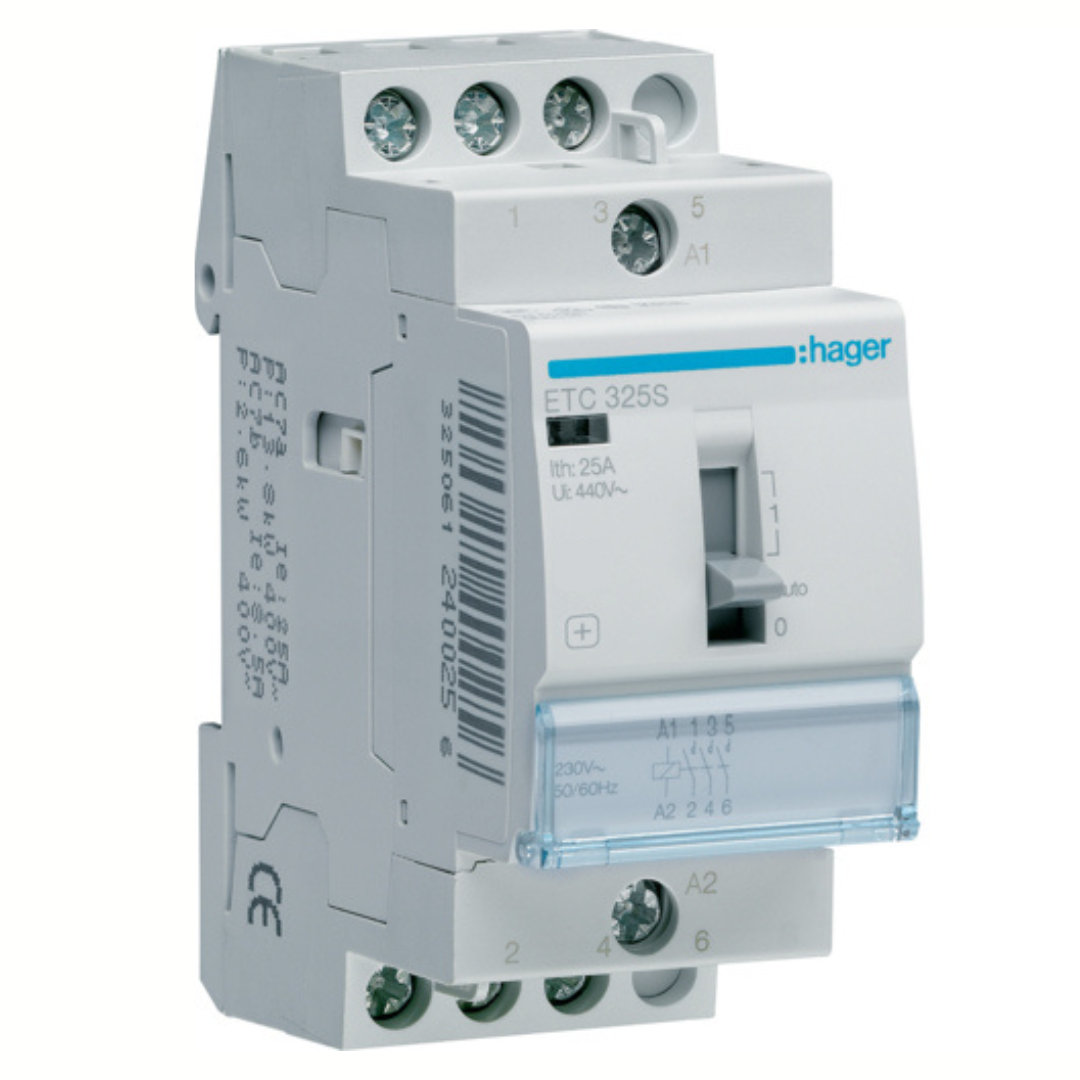 Kontaktors ar rokas vadību, ETC325, 25A, 3NO, 230V, HAGER