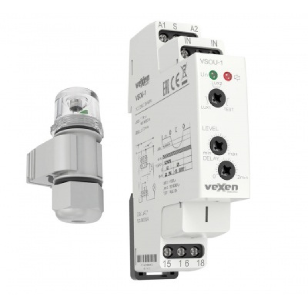 Krēslas slēdzis uz DIN sliedes ar sensoru IP65, 1-50000 lx, 1NO, 16A, AC 230V, VSOU-1, Vexen