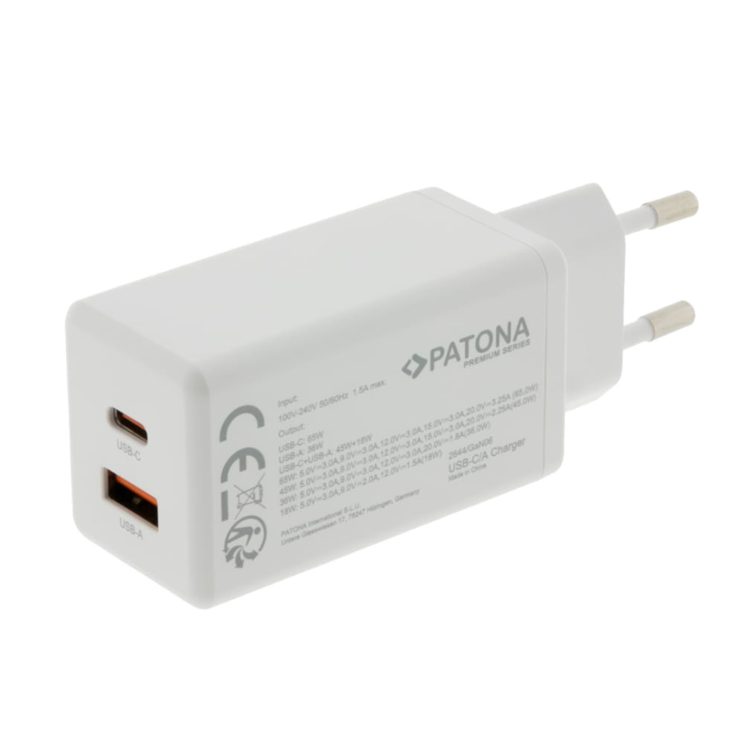 Premium USB lādētājs / 1x USB-C, 1x USB-A, PD 3.0, 65W, PATONA