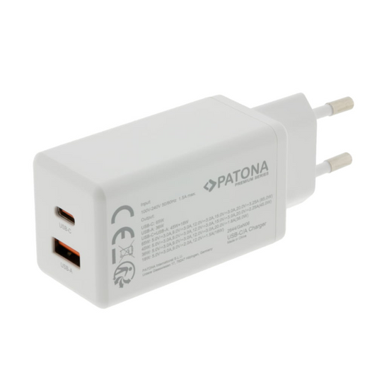 Premium USB lādētājs / 1x USB-C, 1x USB-A, PD 3.0, 65W, PATONA