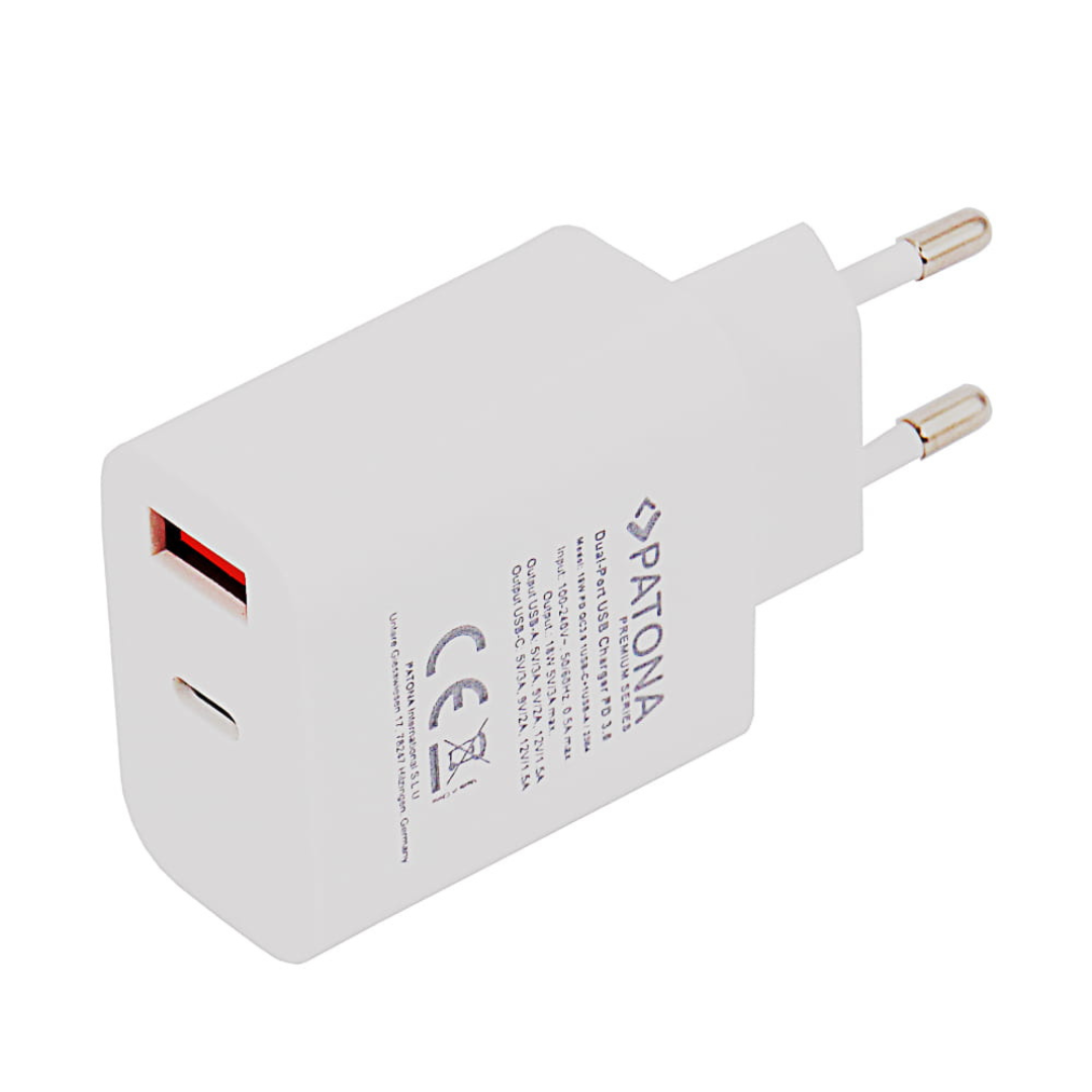 Premium USB lādētājs / 1x USB-C, 1x USB-A, PD 3.0, 18W, PATONA