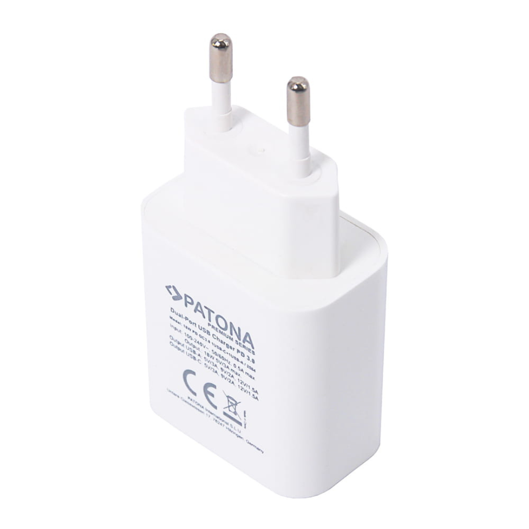 Premium USB lādētājs / 1x USB-C, 1x USB-A, PD 3.0, 18W, PATONA