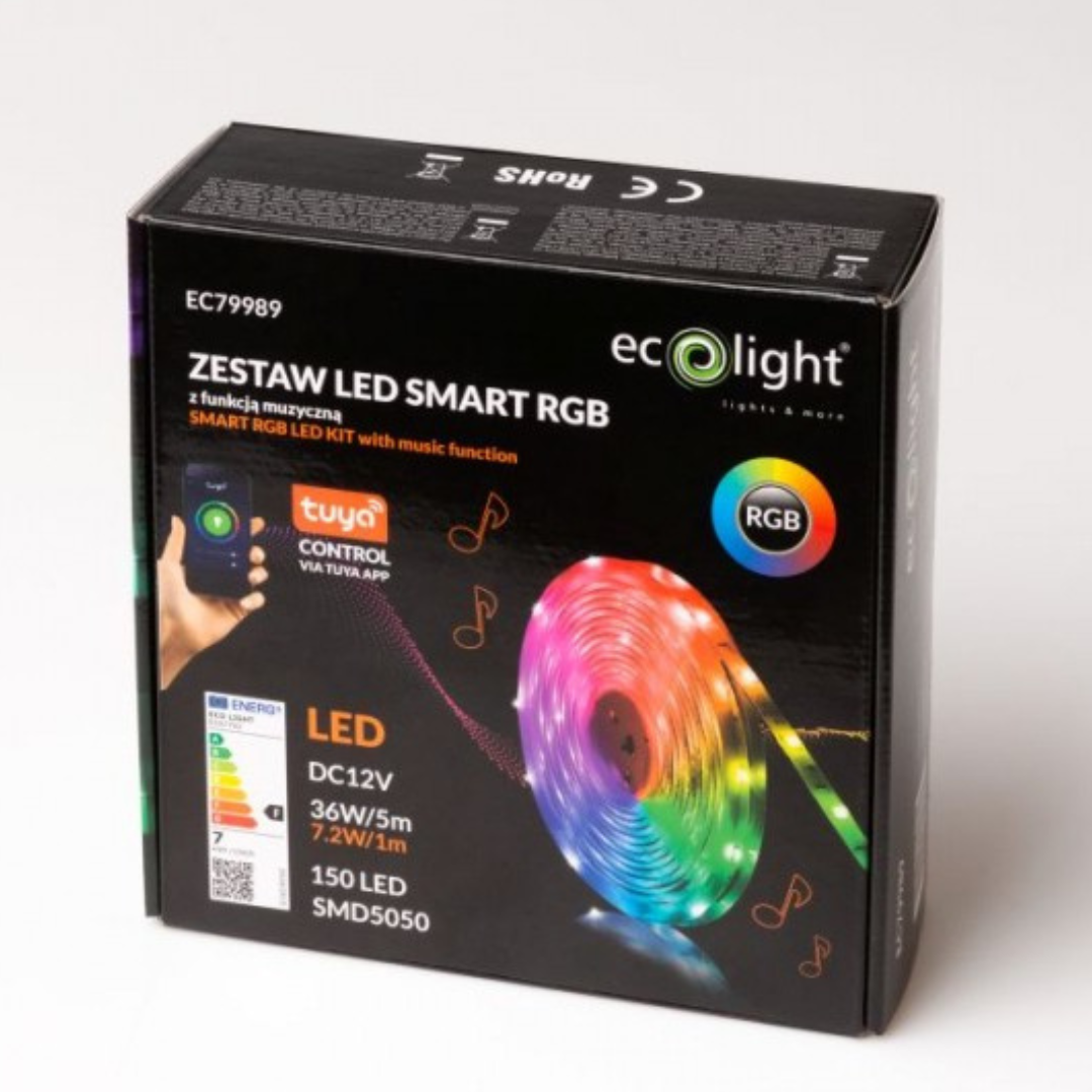 Viedā LED lente, komplekts, 7.2W/m, RGB, IP20, 5m, ar vadības iespēju no telefona - Tuya, ECOLIGHT