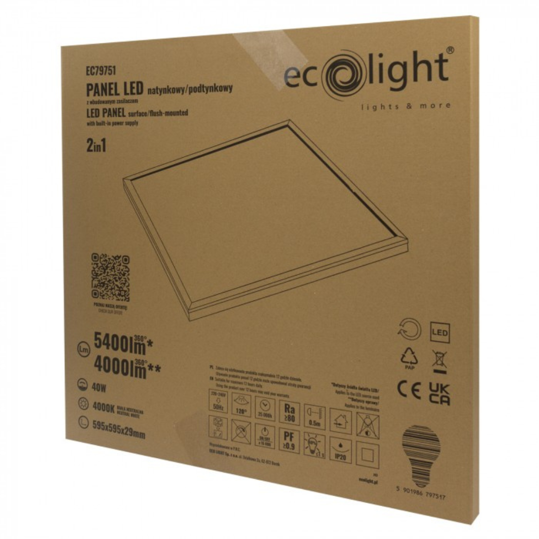 LED panelis / gaismeklis universāls - virsapmetuma / zemapmetuma, 2 in 1, 40W, 600x600mm, 5400lm, 4000K, ECOLIGHT