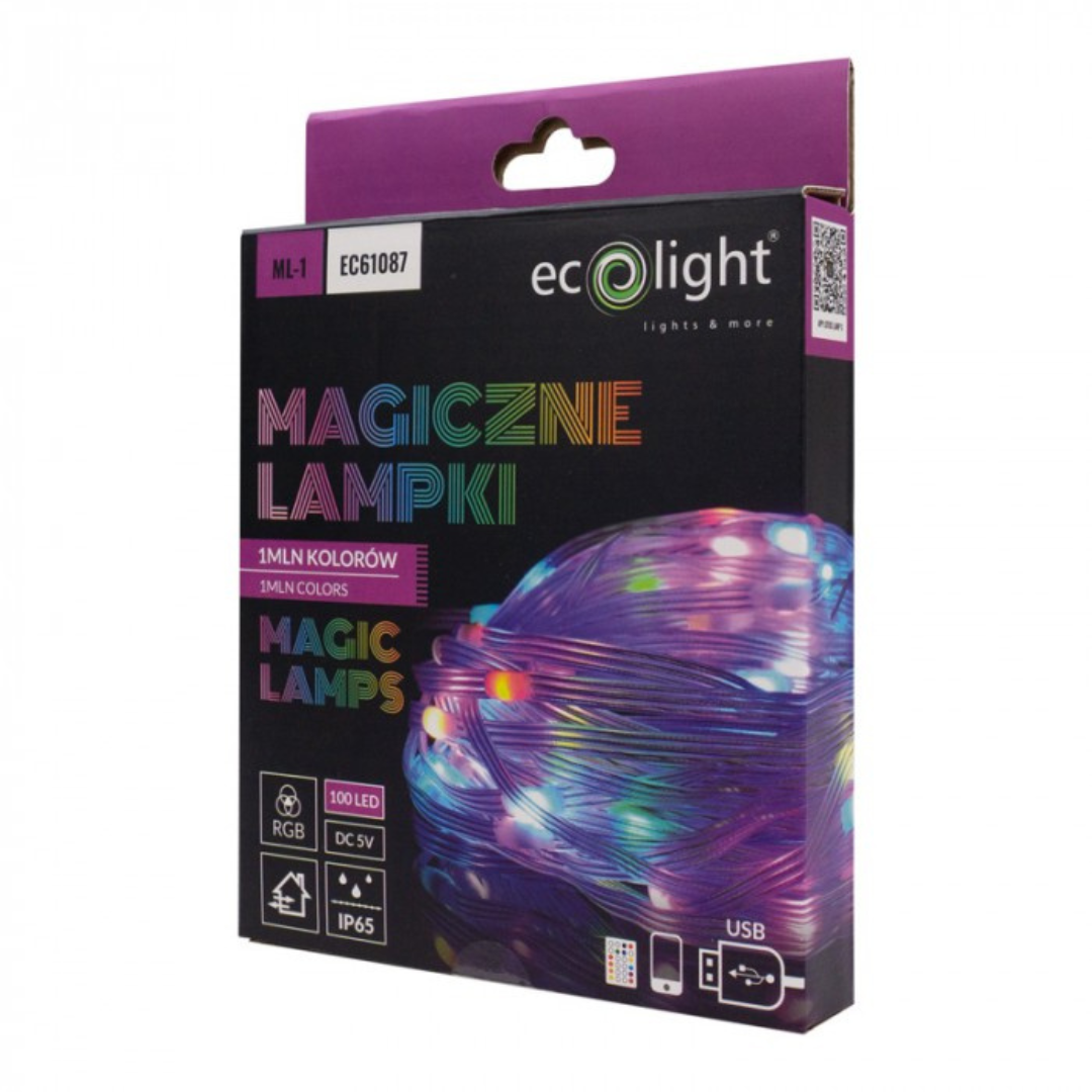 LED virtene - Burvju lampas, 1 miljons krāsu, 100 LED, 10m, USB - DC5V (var pieslēgt pie iebkura 5V DC adaptera), IP65, ECOLIGHT
