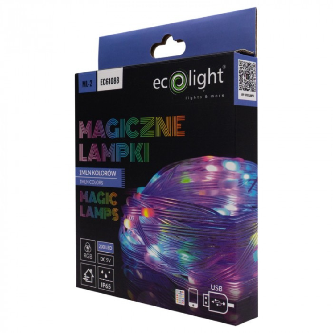 LED virtene - Burvju lampas, 1 miljons krāsu, 200 LED, 10m, USB - DC5V (var pieslēgt pie iebkura 5V DC adaptera), IP65, ECOLIGHT