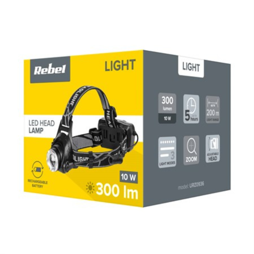 LED galvas lukturis uzlādējams 10W, 300lm, 3 gaismas režīmi, izgaismojamais attālums līdz 200m, darba laiks 5 stundas