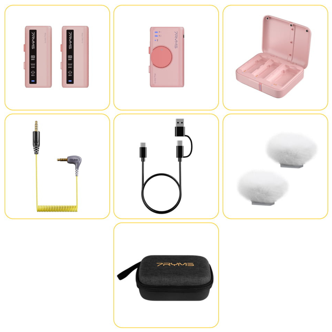 7Ryms iRay DW10 bezvadu mikrofonu komplekts (3,5 mm/USB-C), rozā krāsā