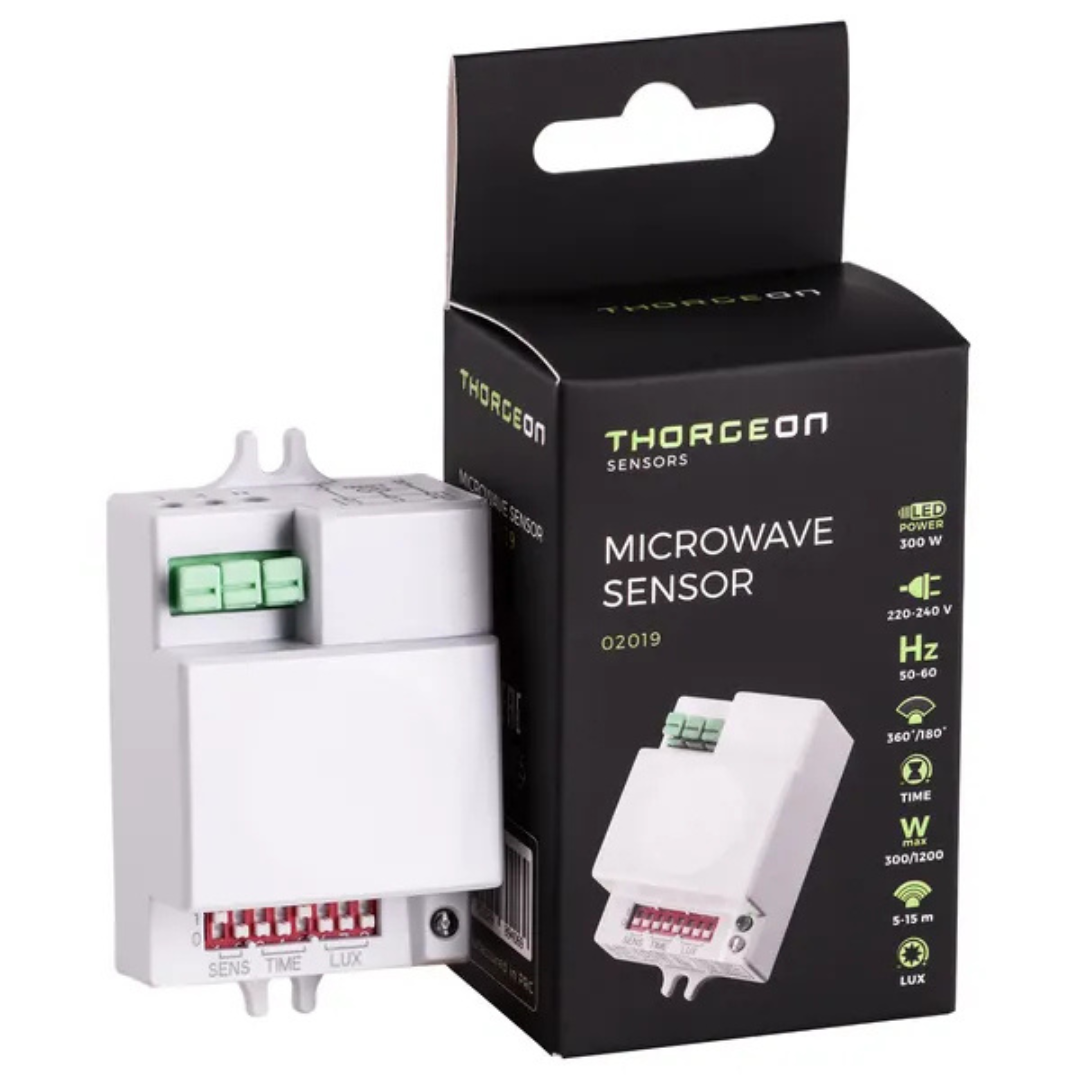 Iebūvējamais HF mikroviļņu sensors ar 360° uztveršanas leņķi, Uztveršanas attāIums 5-15m, Pieslēguma jauda 300W, IP20, 02019, THORGEON