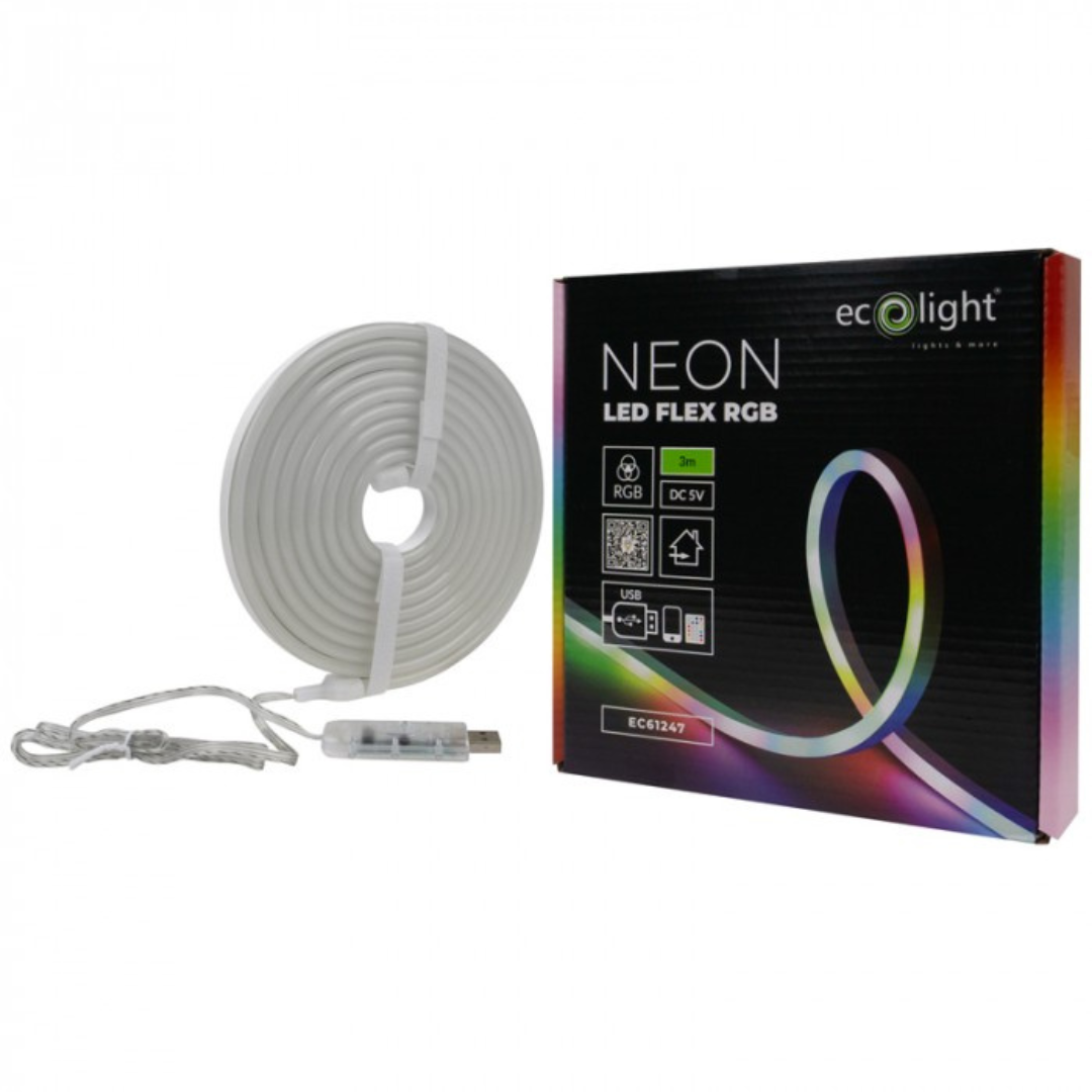 LED lente Neona, RGB, 3m, USB - DC5V (var pieslēgt pie iebkura 5V DC adaptera), IP20, ECOLIGHT
