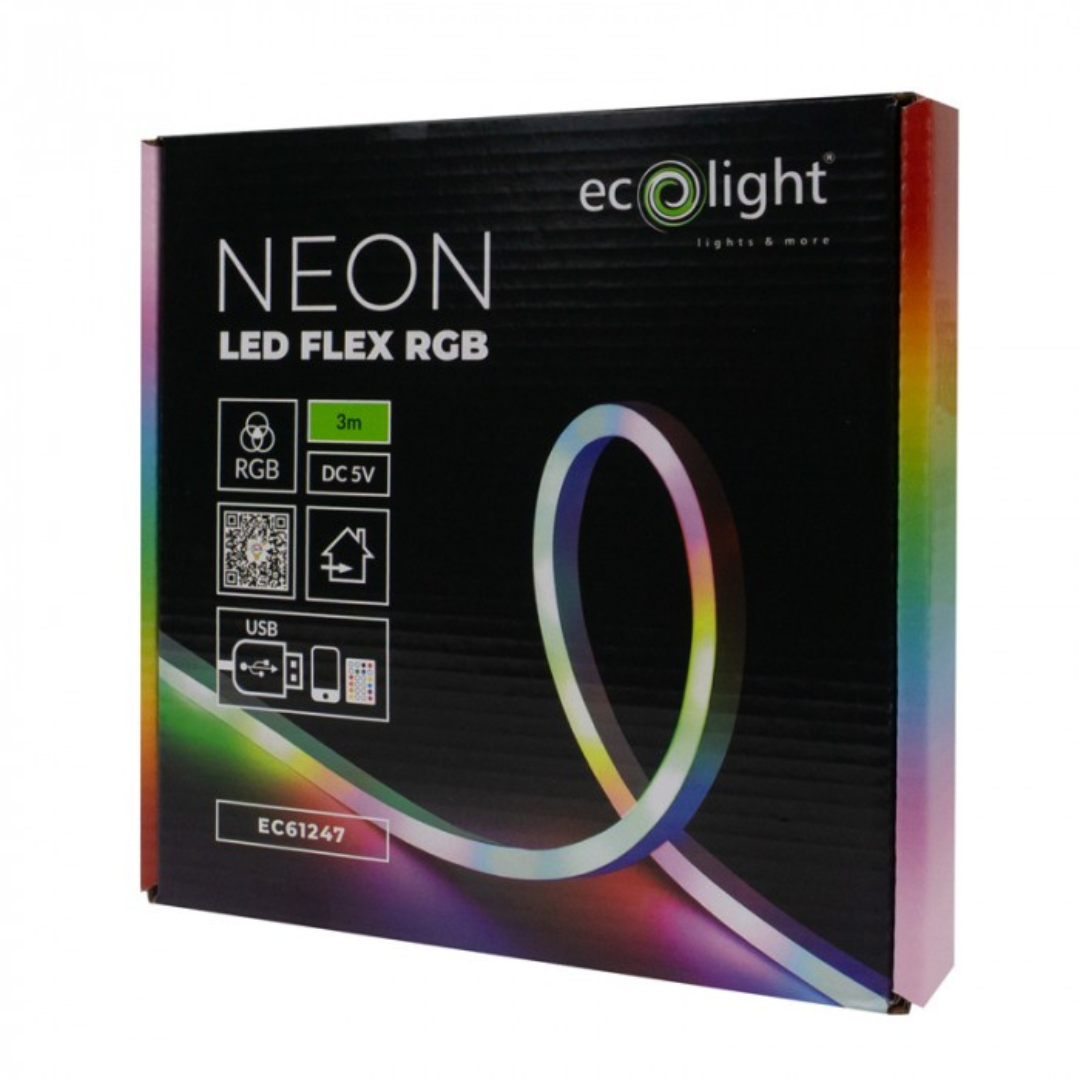 LED lente Neona, RGB, 3m, USB - DC5V (var pieslēgt pie iebkura 5V DC adaptera), IP20, ECOLIGHT