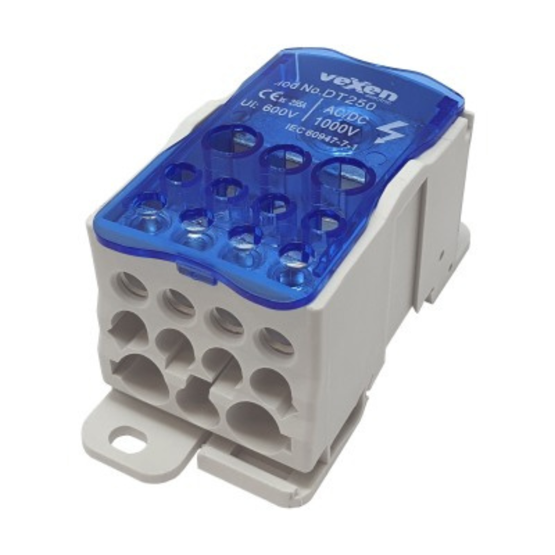 Nozarspaile uz DIN sliedes, DT250, 250A, ienākošas: 35x120mm2 / izejošas: 2x35mm2, 5x16mm2, 4x10mm2, VEXEN