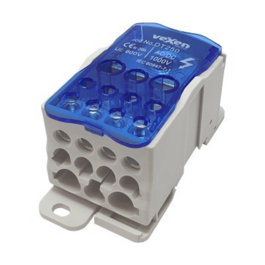 Nozarspaile uz DIN sliedes, DT250, 250A, ienākošas: 35x120mm2 / izejošas: 2x35mm2, 5x16mm2, 4x10mm2, VEXEN