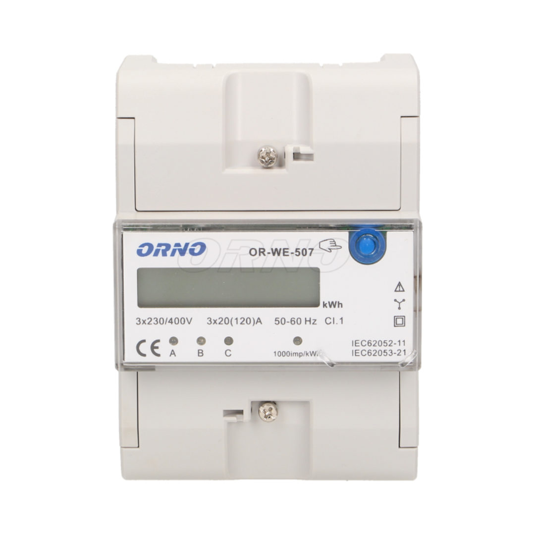 Elektroenerģijas skaitītājs 3F ar LCD displeju, aizņem 5 mod., 120A, uz DIN sliedes, OR-WE-507, ORNO