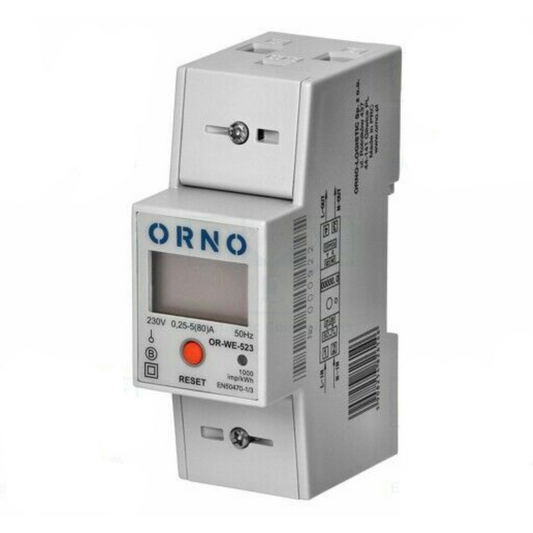 Elektroenerģijas skaitītājs 1F ar horizontālu LCD displeju, aizņem 2 mod., ar MID sertifikātu, 80A, uz DIN sliedes, OR-WE-523, ORNO