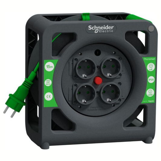 Pagarinātājs uz spoles, 4-vietīgs, 15m, vads 3x1.0, 16A, IP20, Schneider Electric