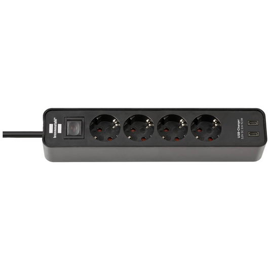 Pagarinātājs Ecolor, 1.5m, 4 rozetes, ar slēdzi un 2xUSB-C, 3G1.5, 5VV-F, melns/melns, 1153240106, Brennenstuhl