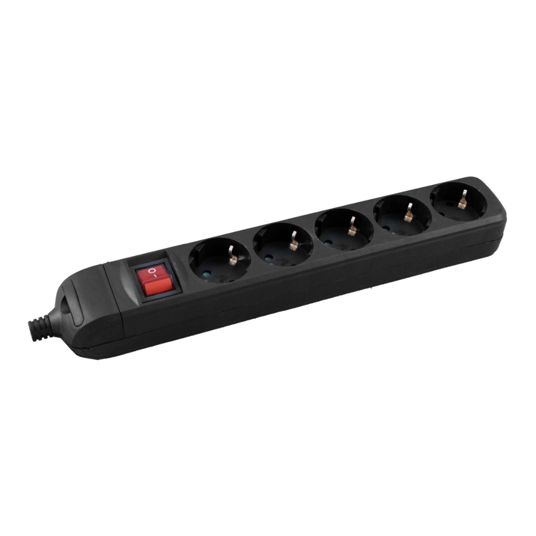 Pagarinātājs 5-vietīgs ar zemējumu, ar slēdzi, ar bērnu aizsardzību, H05VV-F 3x1.5mm2, 3m, melns