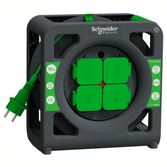 Pagarinātājs uz spoles, 4-vietīgs, 15m, vads 3x1.5, 16A, IP44, Schneider Electric