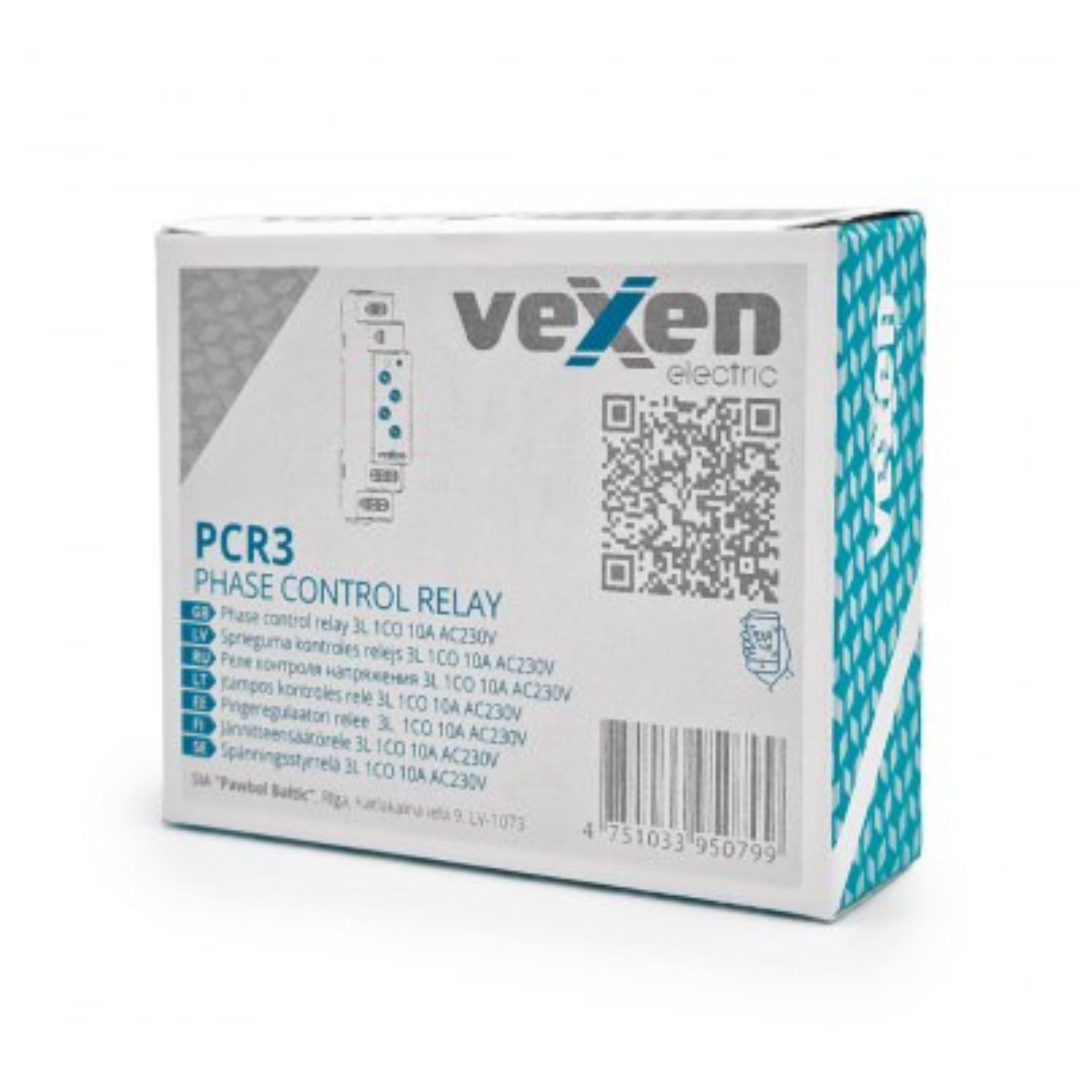 Trīsfāžu sprieguma kontroles relejs, 3L, 2CO, 10A, AC 230V, PCR3, Vexen