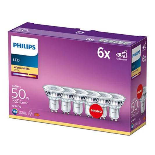 LED spuldžu komplekts 6 gab., 4.6W, GU10, 2700K (silta gaisma), 355lm, 220-240V/50Hz, PHILIPS