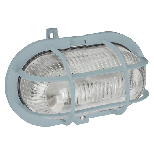 Ārējāis gaismeklis/plafons, ovāls ar resti (laiviņa), E27, maksimāli līdz 60W, IP44, pelēks
