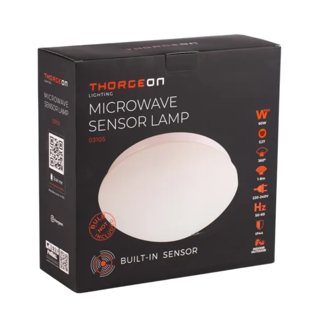 Mikroviļņu sensora lampa / plafons ar E27 patronu (bez spuldzes), 60W max., sensora darbības distance 1-8m, IP44, THORGEON