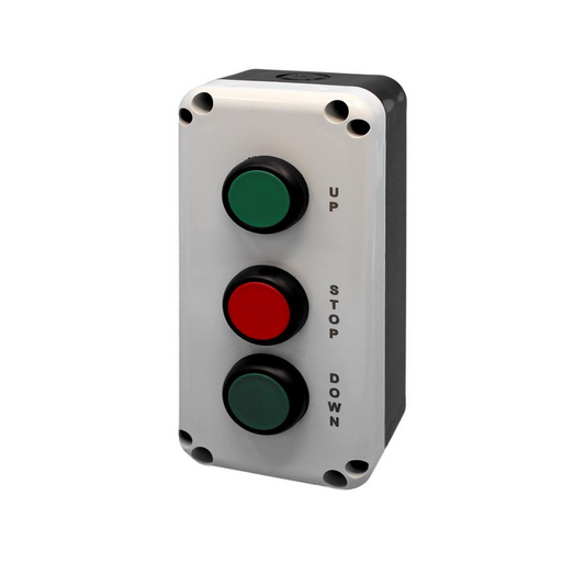 Pogu kārba, spiedpoga up - 1NO zaļa, spiedpoga stop - 1NC sarkana, spiedpoga down - 1NO zaļa, IP65, PBSL3USD, Vexen