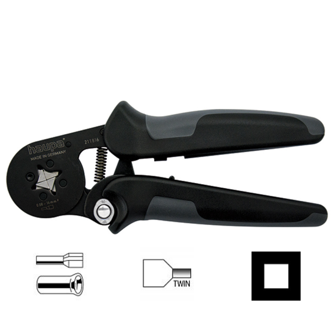 Presstangas 0.08-16mm², četrskaldņū, precīzs presēšanas profils, vada šķērsgriezuma automātiska noteikšana, piespiedu blokators, HAUPA