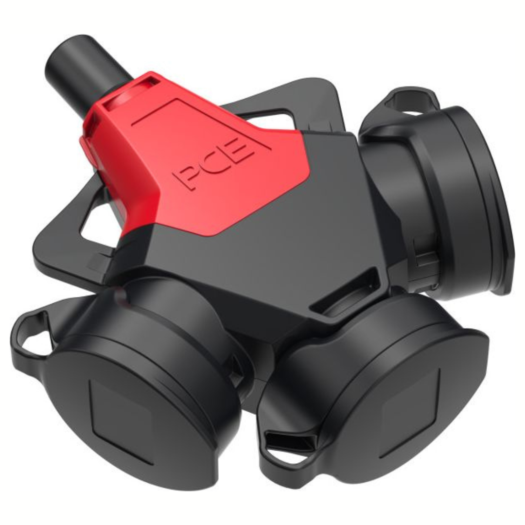 Kontaktligzda vadam 3-vietīga, IP44, 16A, 250V, 3p (2P+E), melna ar sarkanu, PCE