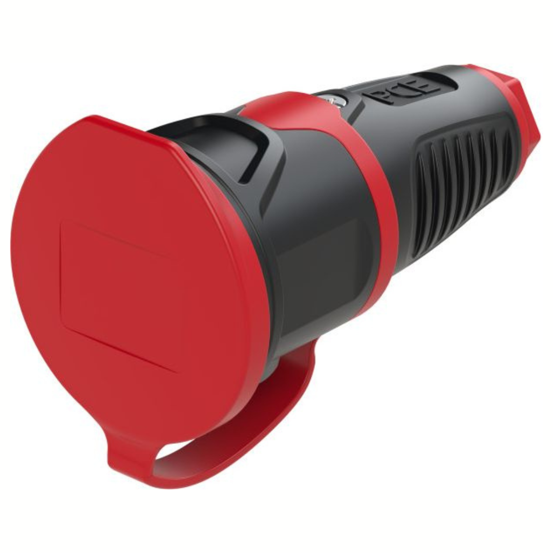 Kontaktligzda vadam ar vāku, 16A, 250V, 3p (2P+E), IP54, melna ar sarkanu, TAURUS2, PCE