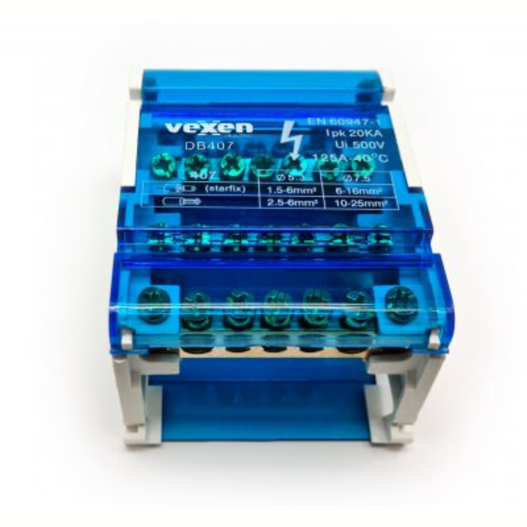 Sadales spaiļu bloks uz DIN sliedes, 4x7, 125A/500V, DB407, VEXEN