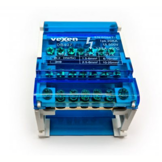 Sadales spaiļu bloks uz DIN sliedes, 4x7, 125A/500V, DB407, VEXEN
