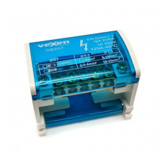 Sadales spaiļu bloks uz DIN sliedes, 2x7, 125A/500V, DB207, VEXEN