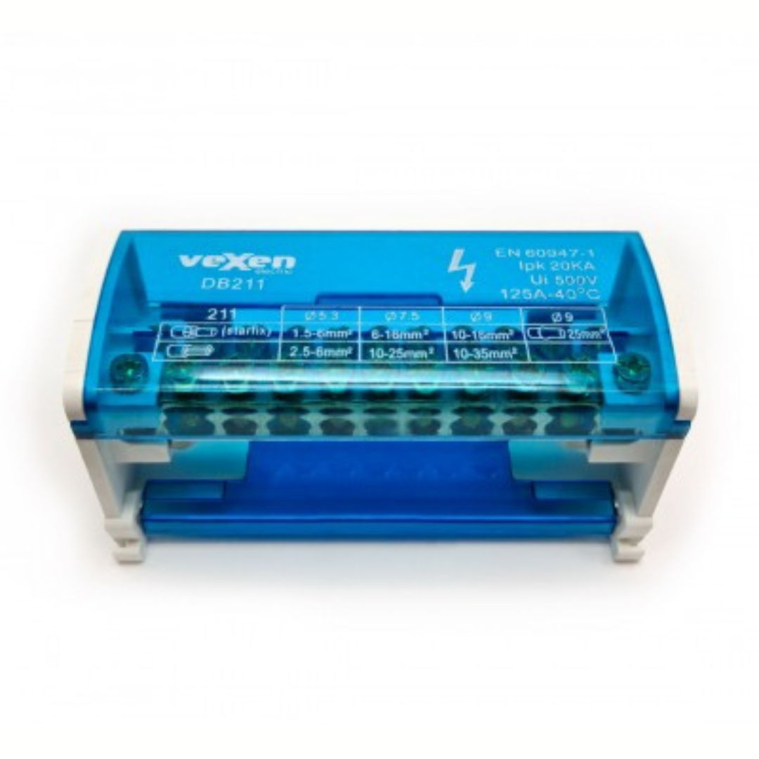 Sadales spaiļu bloks uz DIN sliedes, 2x11, 125A/500V, DB211, VEXEN