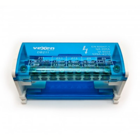 Sadales spaiļu bloks uz DIN sliedes, 2x11, 125A/500V, DB211, VEXEN